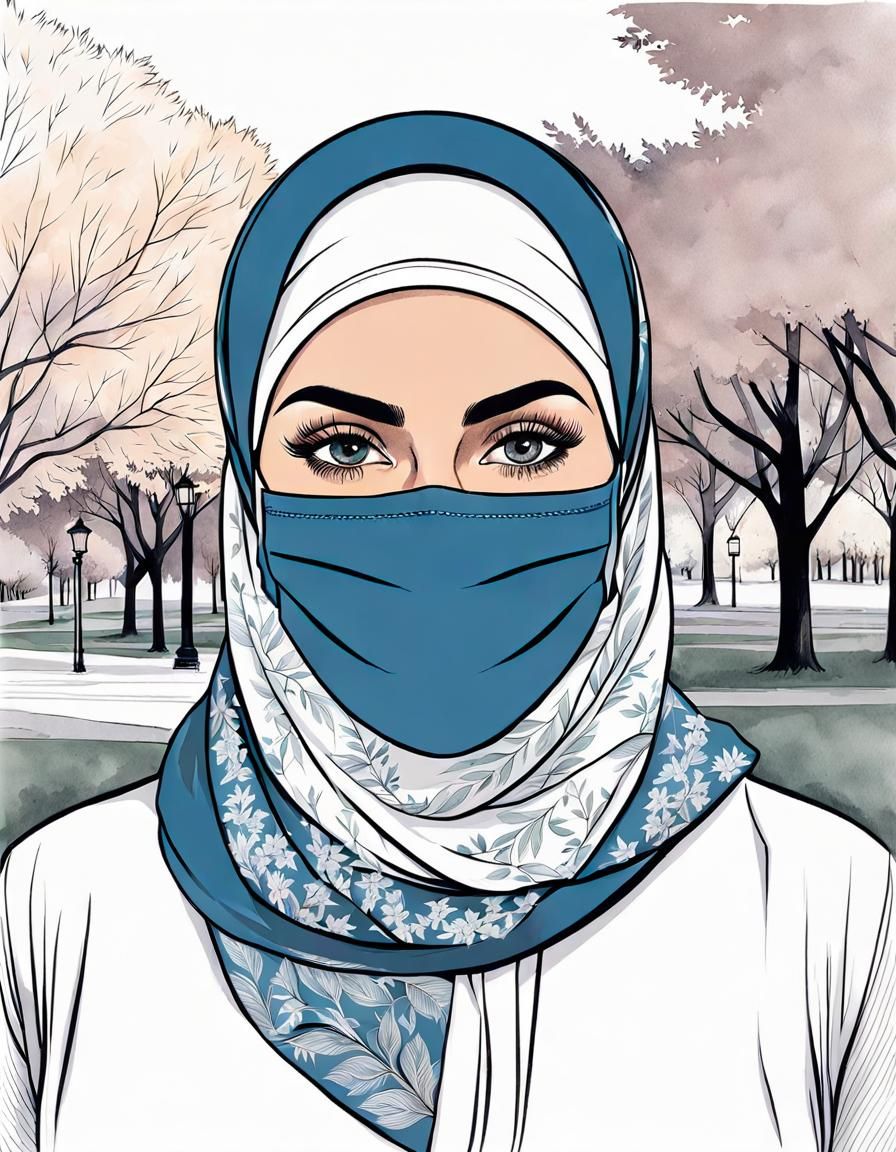Woman with Hijab and Mask: Detailed Ink Drawing