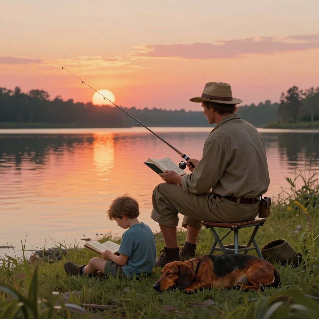 Peaceful Summer Evening Fishing Scene with Boy and Dog