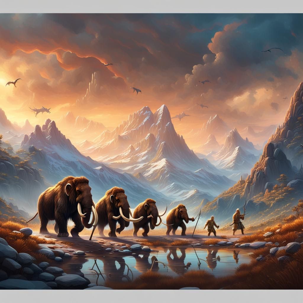 Cavemen Hunting Mammoth: Detailed Matte Painting