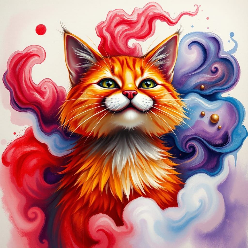 Whimsical Cat in Dreamlike Aquarelle Painting