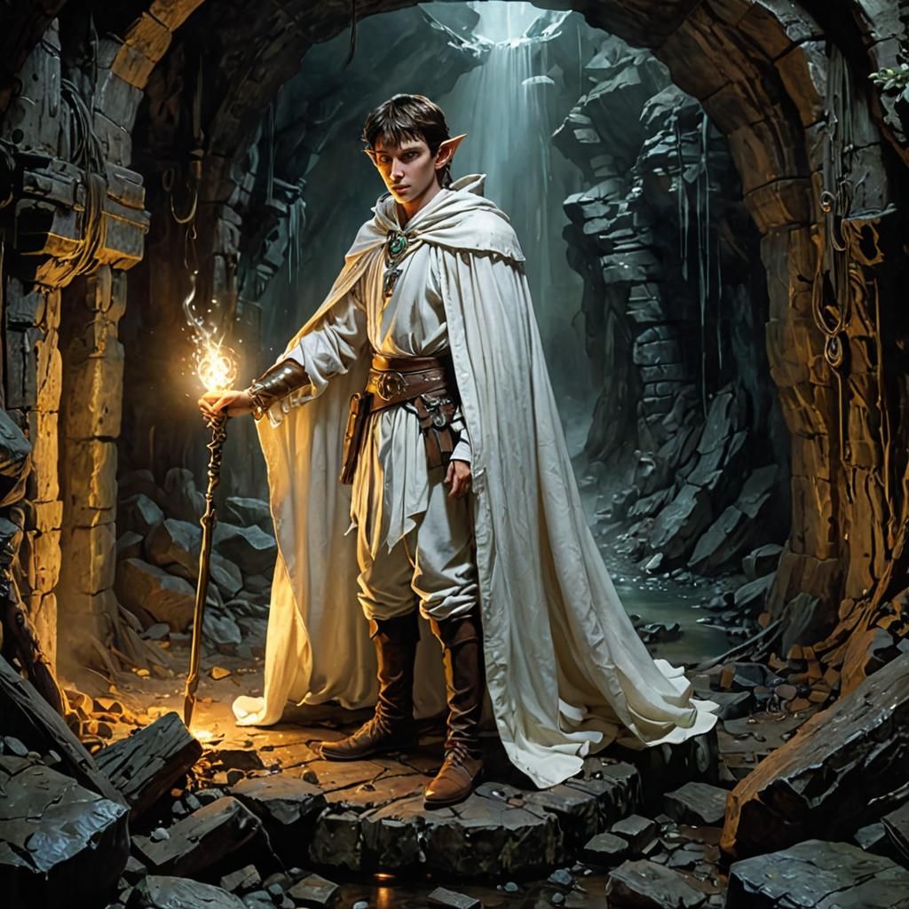 Elf Sorcerer in Abandoned Mine with Artifacts