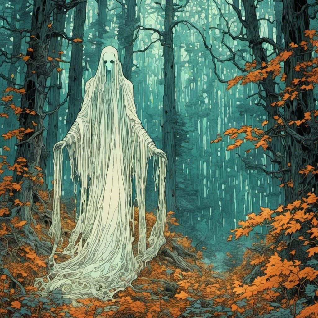 Ghostly Figure in Forest Art Nouveau Style