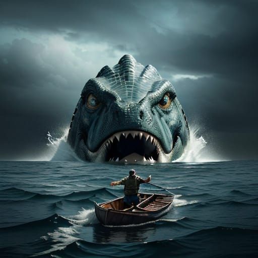 Ultrarealistic Portrait of Man Defying Mosasaur in Dramatic....