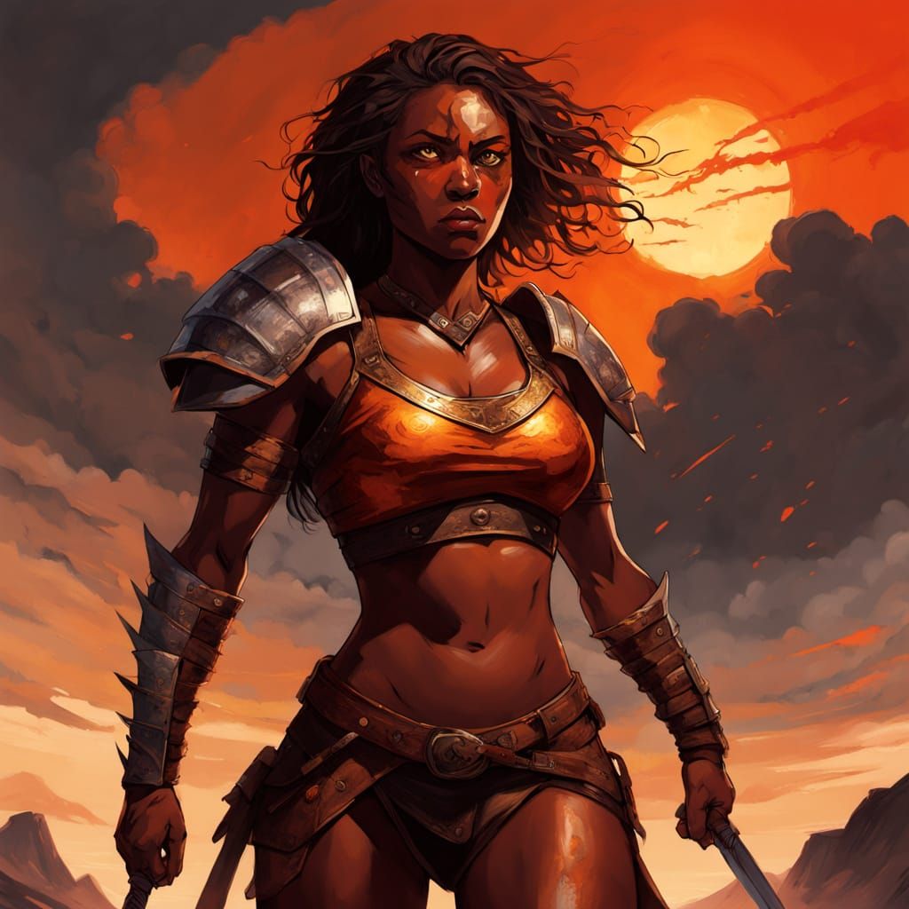 Muscular Warrior Woman Triumphing on Scorched Battlefield