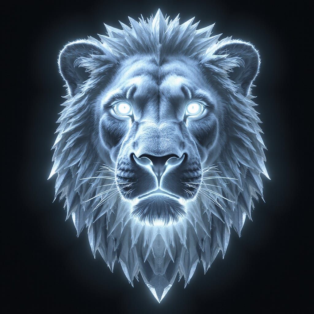 Laser-Cut Crystal Lion's Face in Futuristic Digital Art