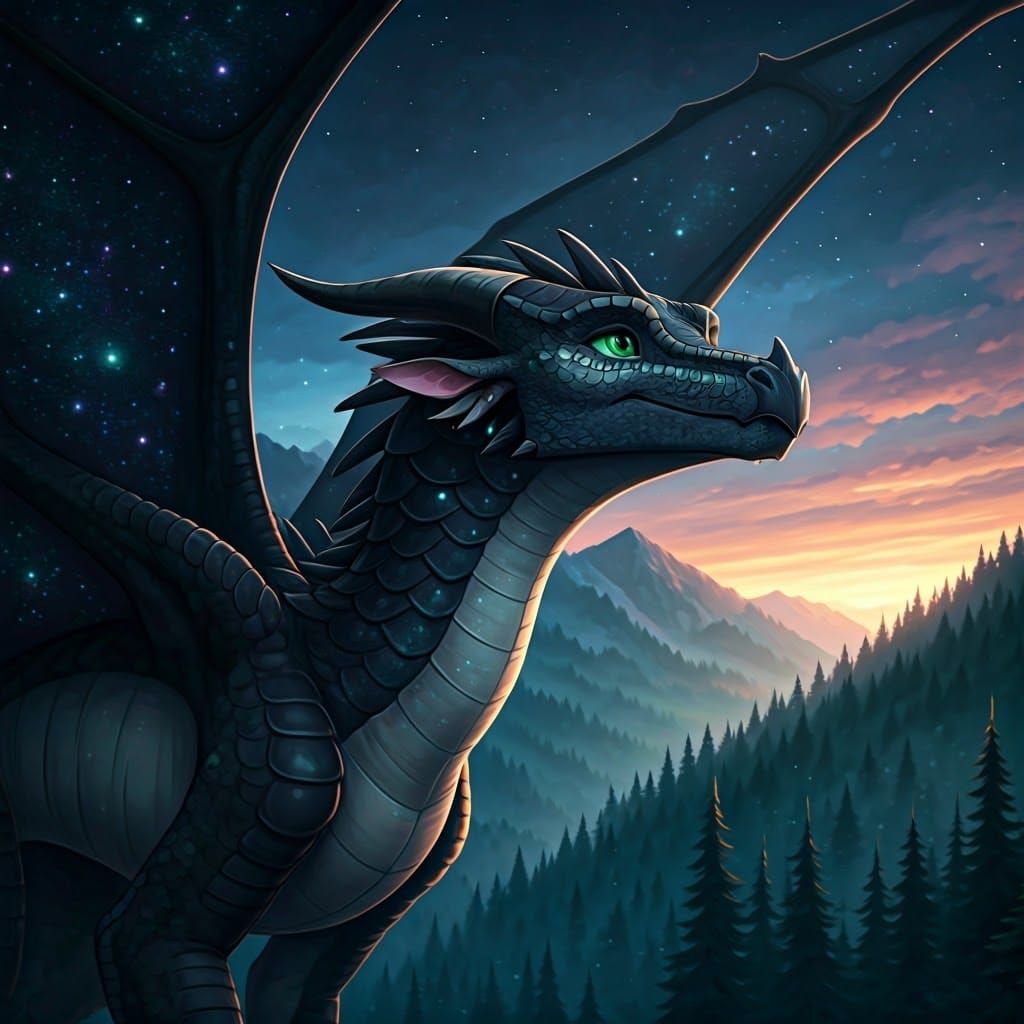 Ethereal Nightwing Dragon Soars Above Vibrant Mountains