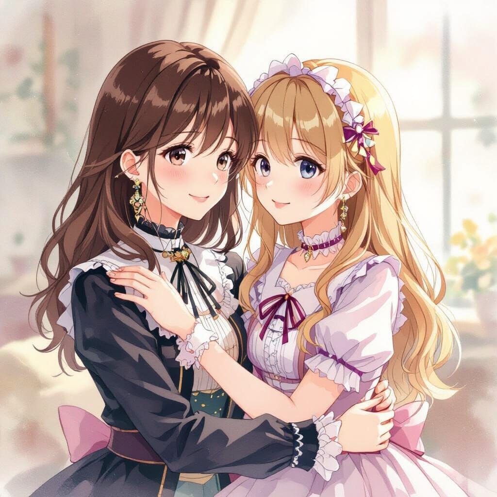 Anime Girls Embrace in Watercolor Style