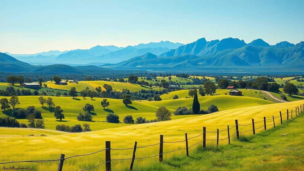 Australian Landscape in Vibrant Colors with Rolling Hills an...