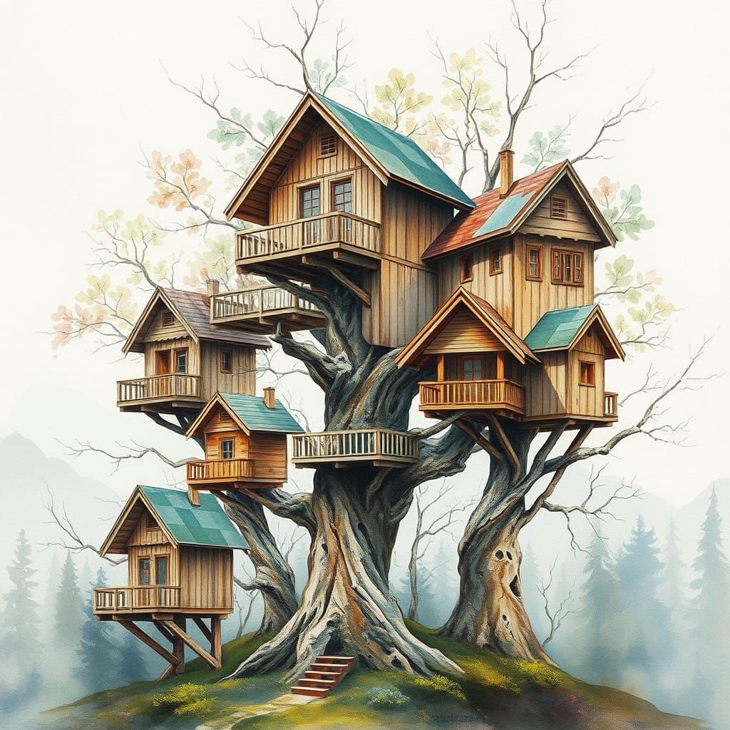 Wooden Treehouses in Vibrant Art Deco Style