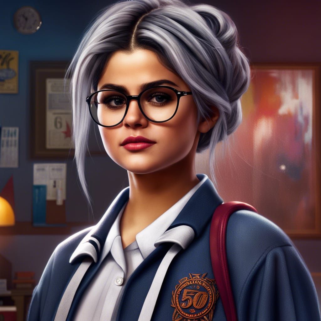 Woman with Gray Hair in High School Uniform