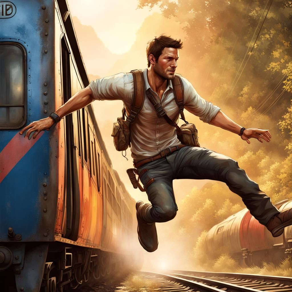Nathan Drake's Train Jump: Hyperrealistic Splash Art