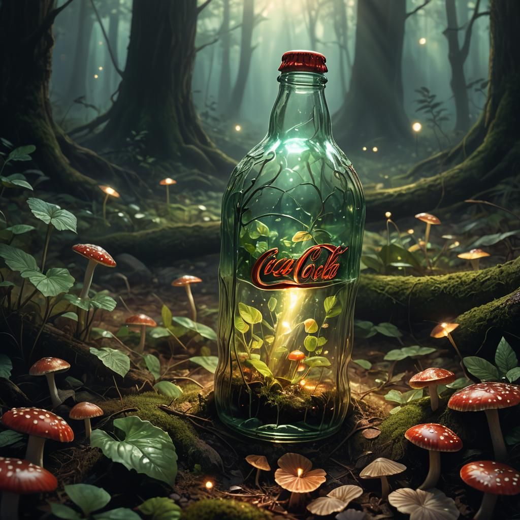 Ethereal Coca Cola Bottle in Dreamlike Forest