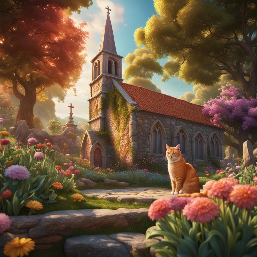 Ginger Cat in Colorful Garden: Detailed Matte Painting