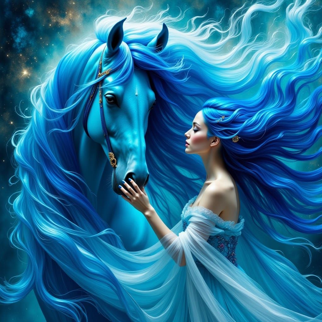 Blue Woman and Horse in Surreal Landscape