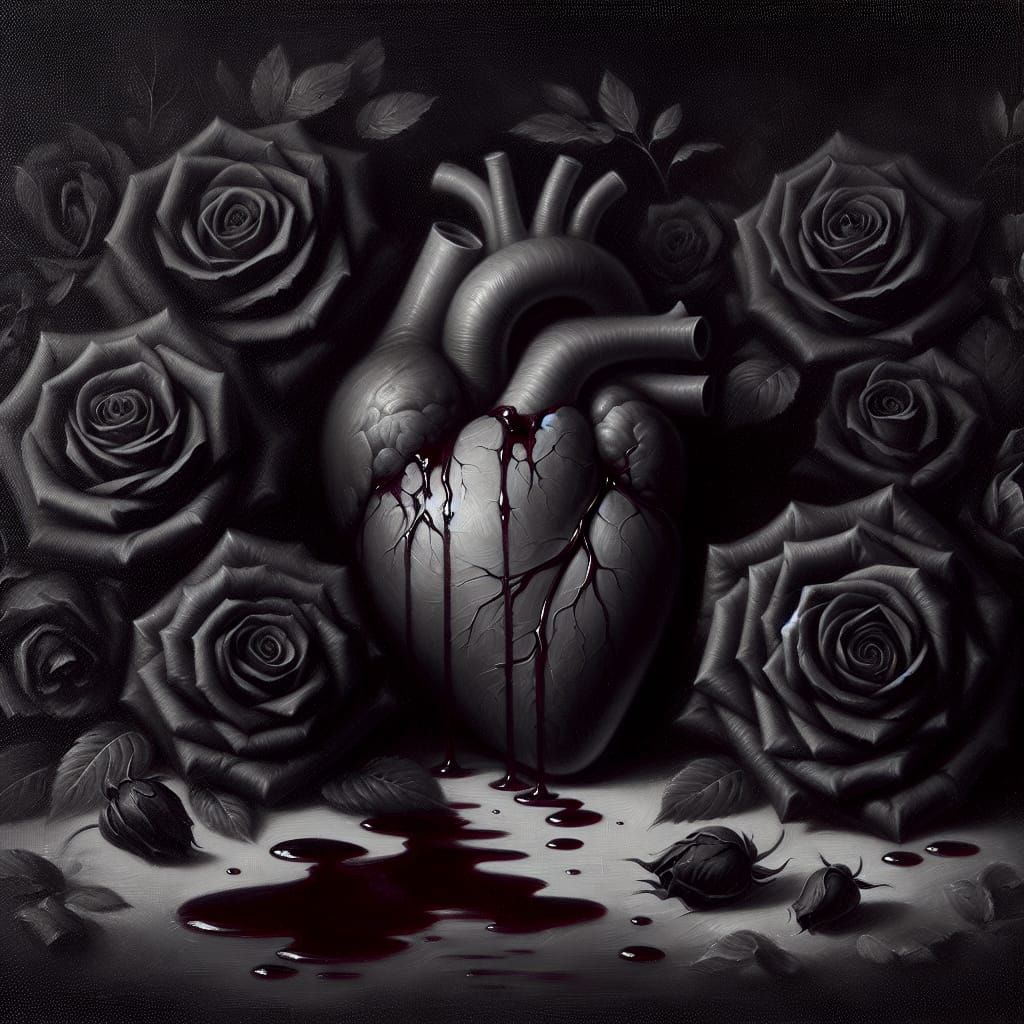 Bleeding Heart Surrounded by Black Roses