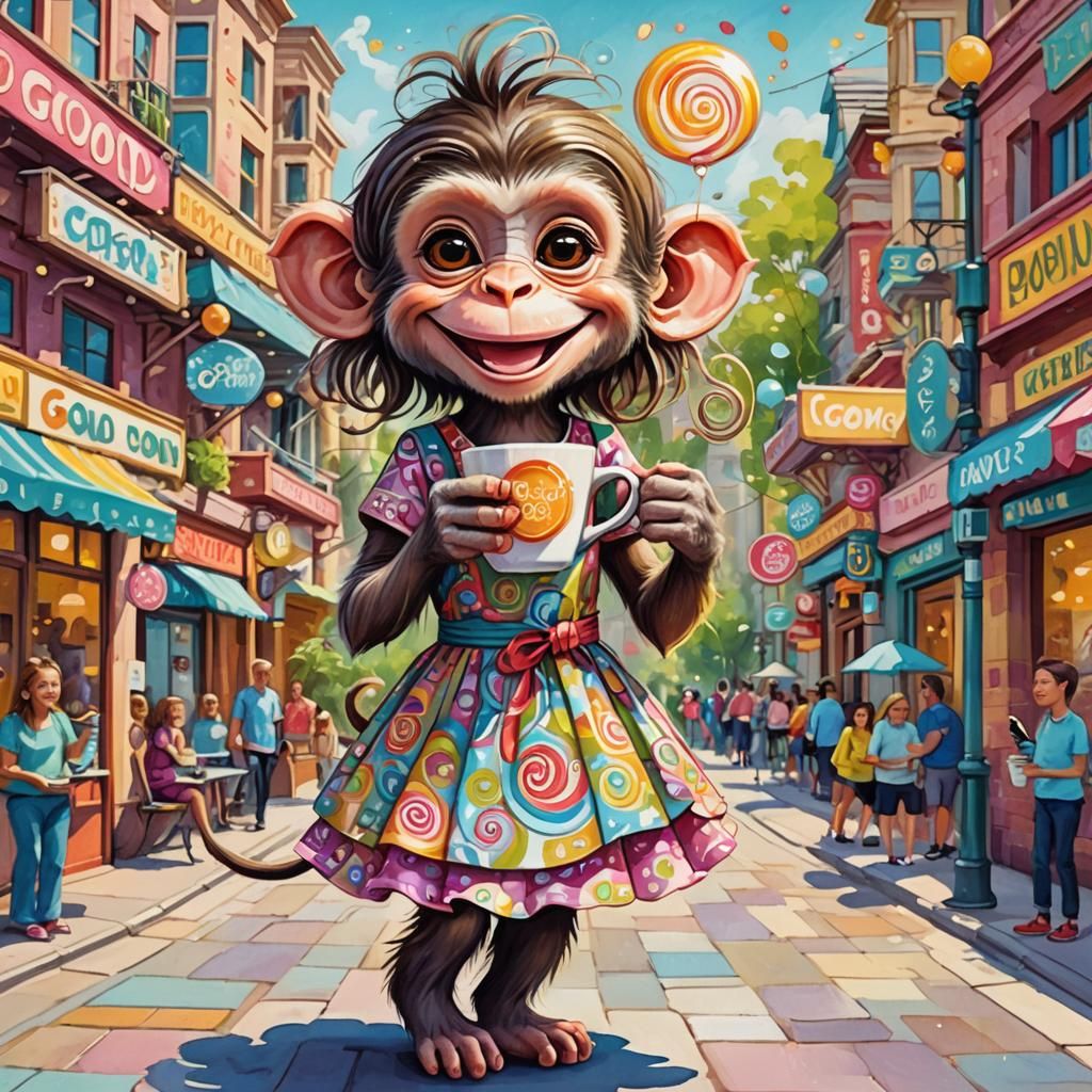 Monkey in a Dress Enjoying Coffee, Gouache Style