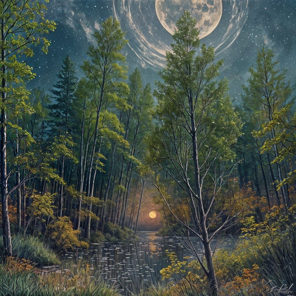 Lake Surrounded by Forest Under Moonlight Painting