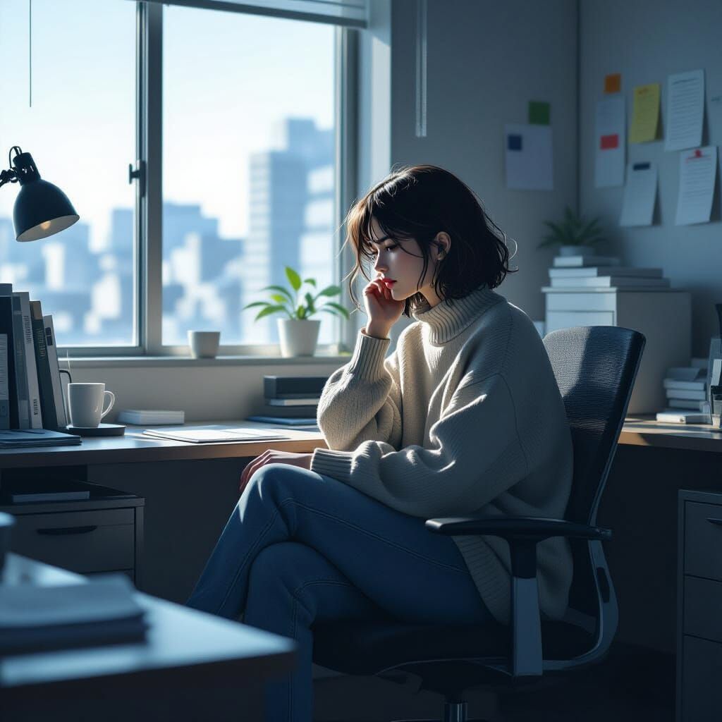 Contemplative Figure in Dimly Lit Office, Cinematic Noir