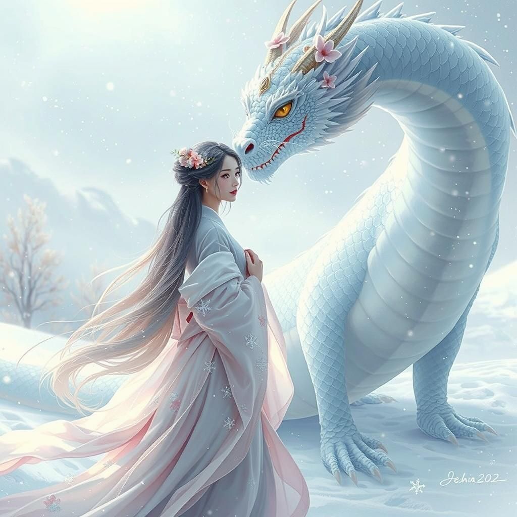 Japanese Princess with Ice Dragon in Snowy Landscape