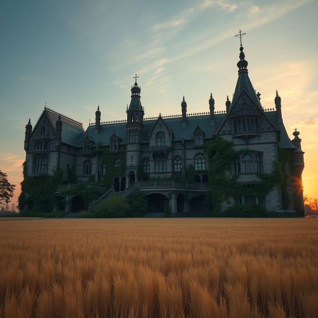 Ethereal Gothic Estate in a Golden Sunset Field