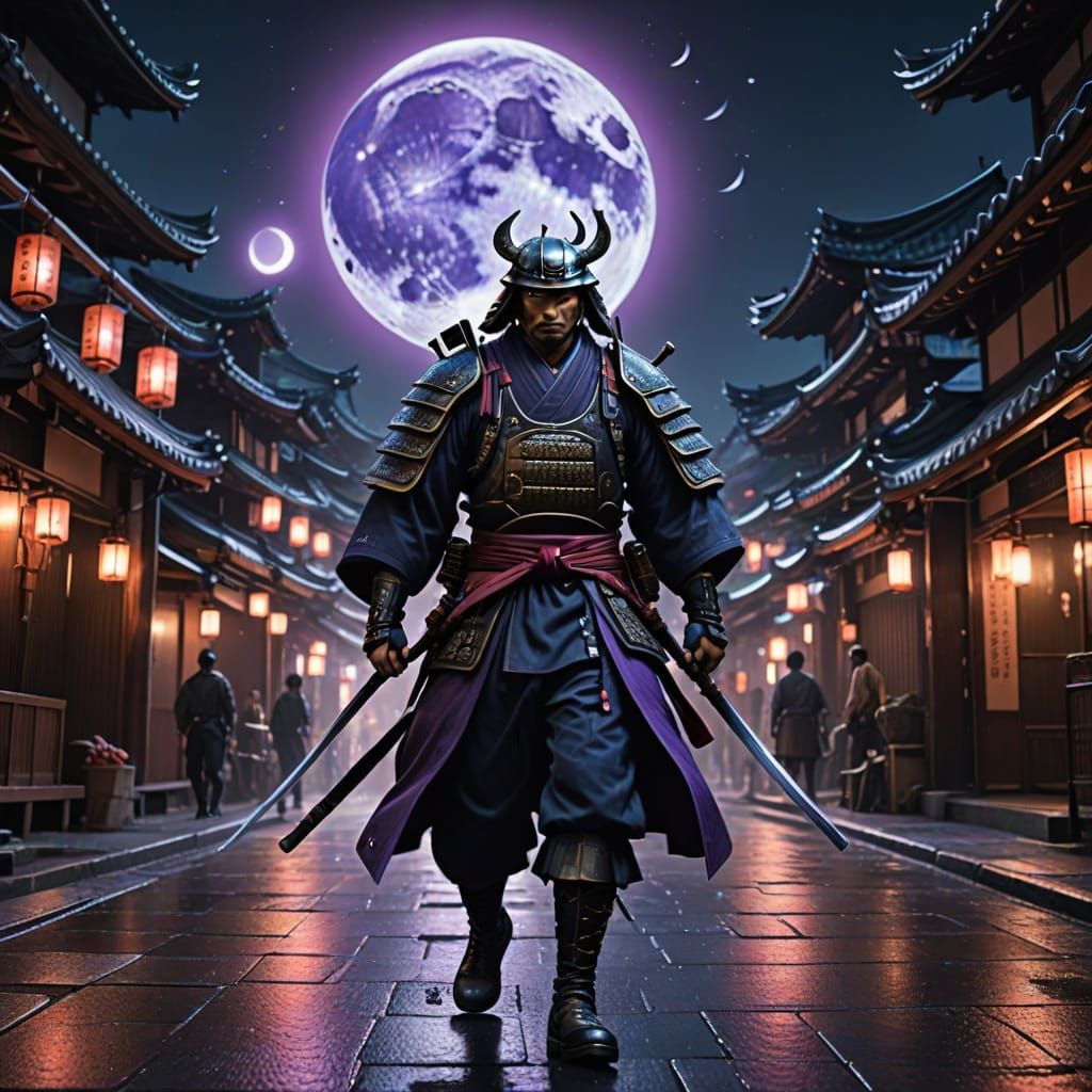 Ancient Japanese City Under Crescent Moonlight