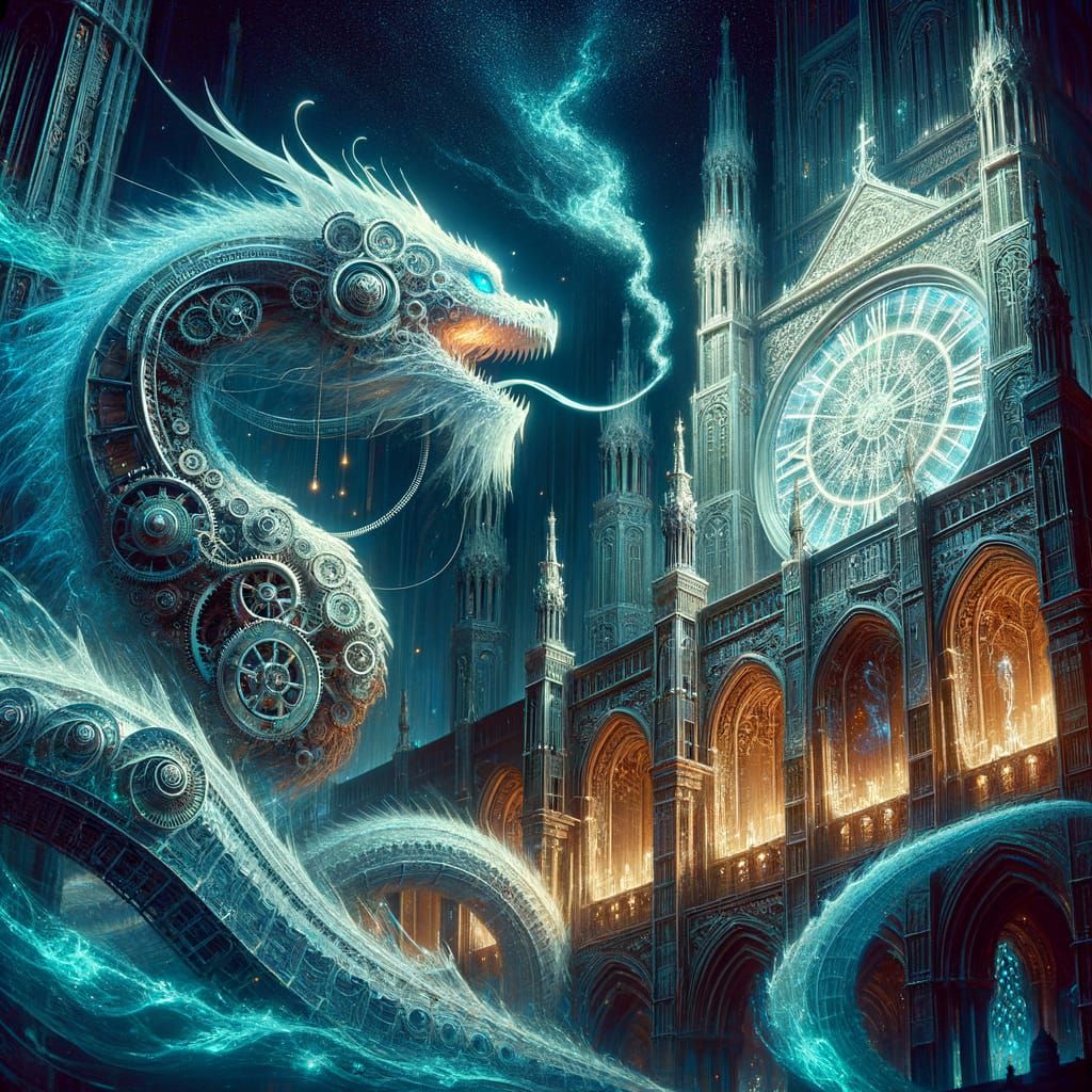 Clockwork Dragon Coiled Around Gothic Cathedral in Dark Fant...