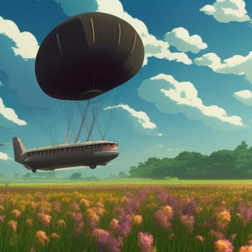Airship Over Pastoral Landscape in Ghibli Anime Style