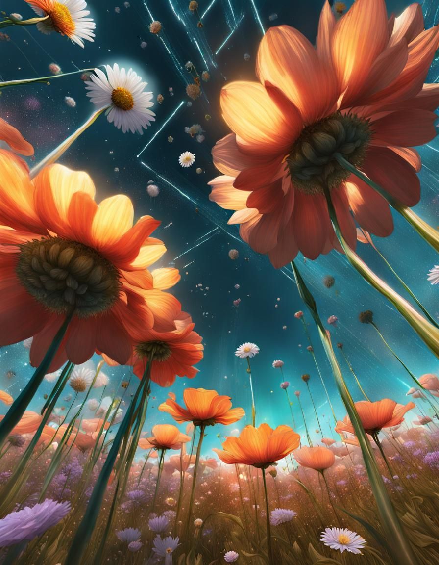 Bug's-Eye View: Flower Field in Holographic Style