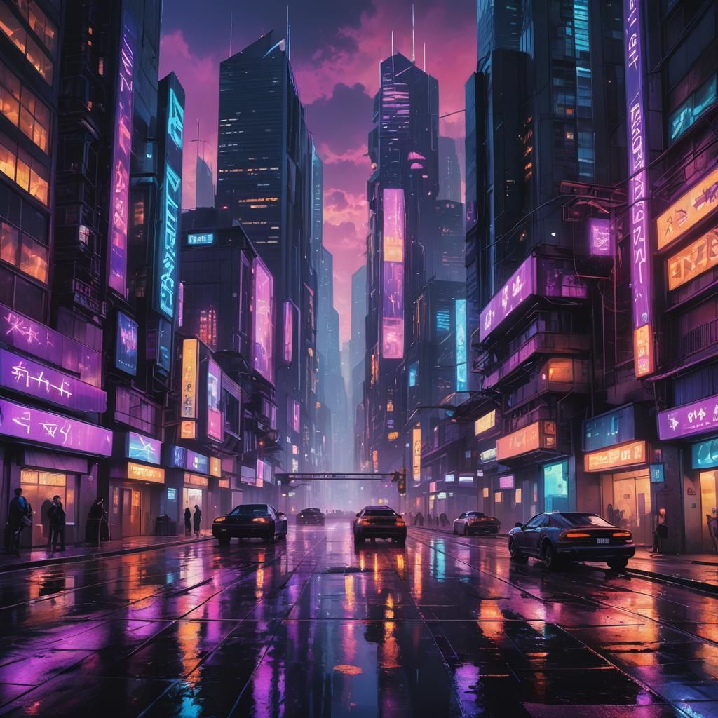 Futuristic Cyberpunk Cityscape at Dusk in Neon