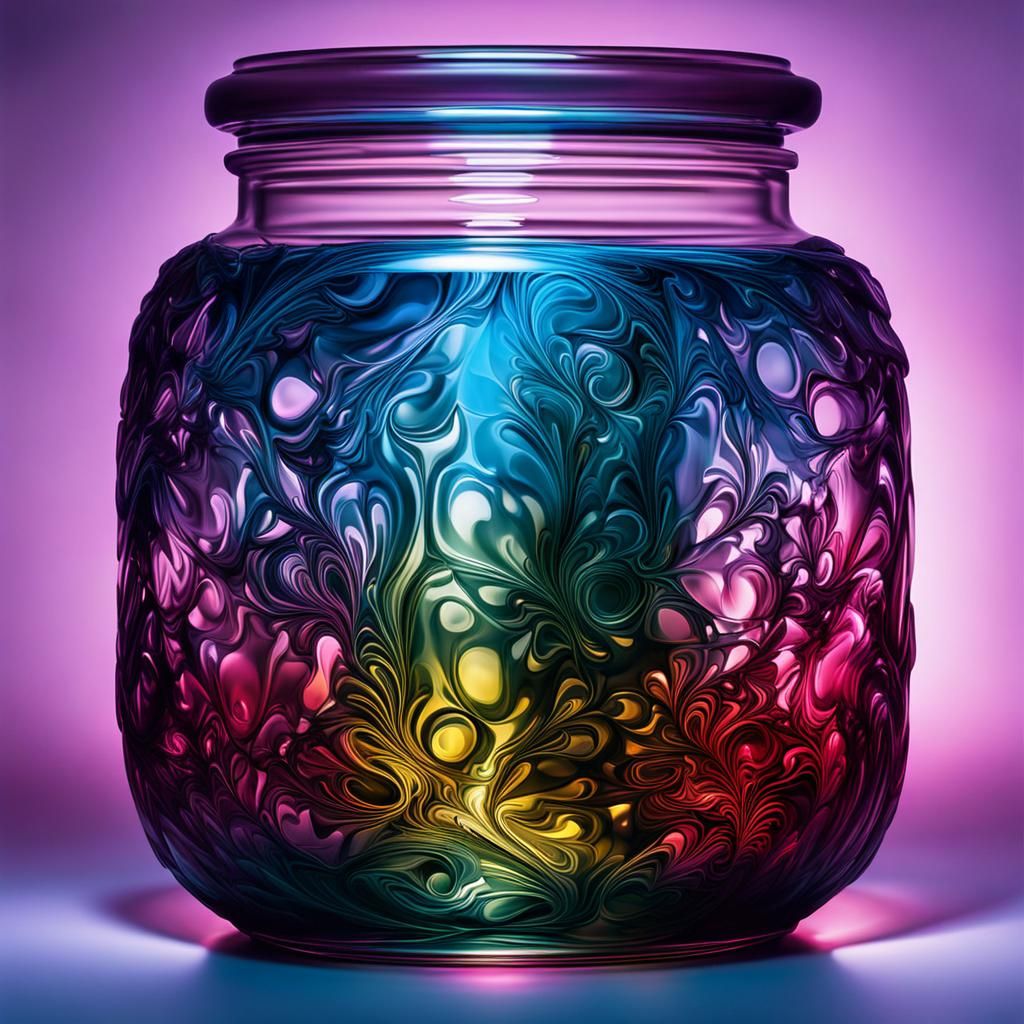 Transparent Glass Jar with Ruby Crystals and Fractals