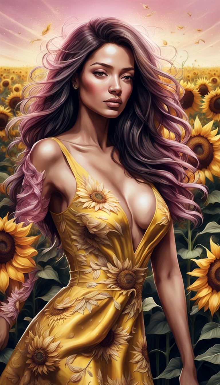 Woman in Yellow Dress in Sunflower Field: Digital Art