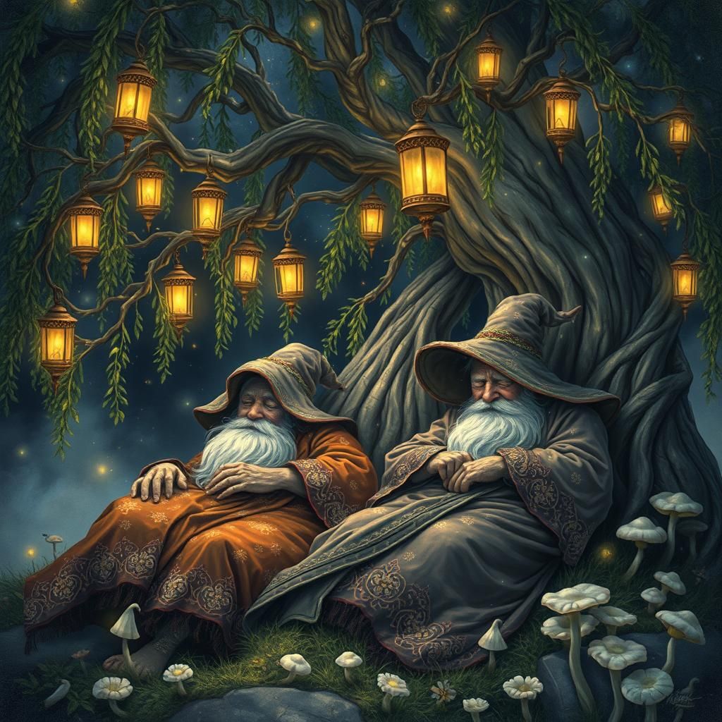 Sleeping Wizards Under a Whimsical Willow Tree
