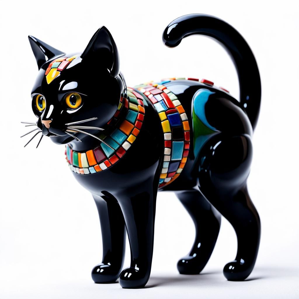 Colorful Robotic Cat Ceramic Sculpture