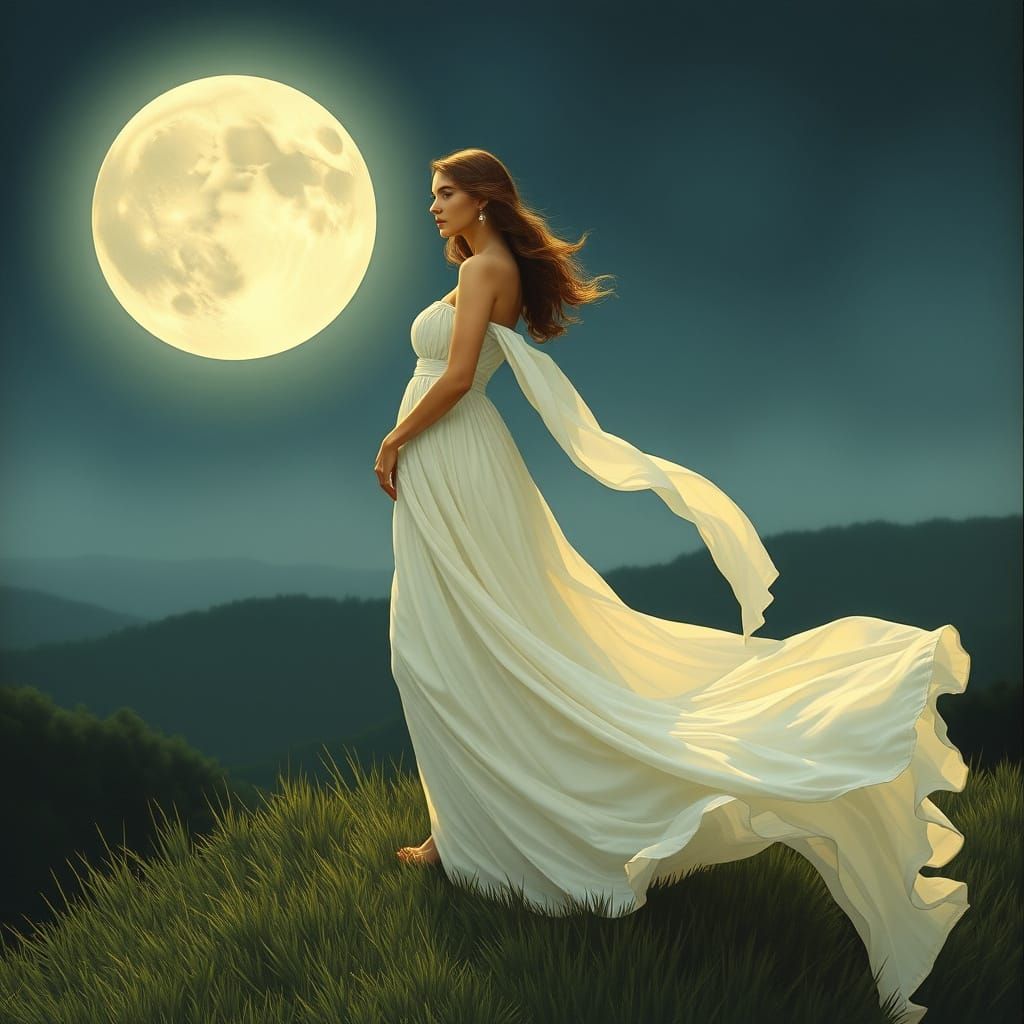 Woman in White Dress Under Moon, Art Nouveau Style