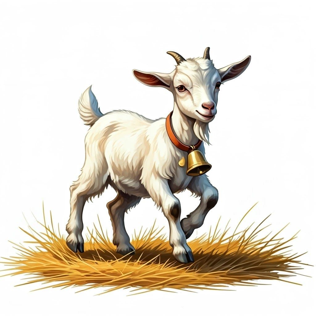 Joyful Baby Goat Leaps on Hay in a Rustic Watercolor Scene