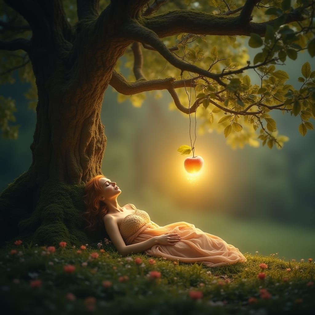 Serene Woman Sleeps Under Luminous Tree with Golden Apple