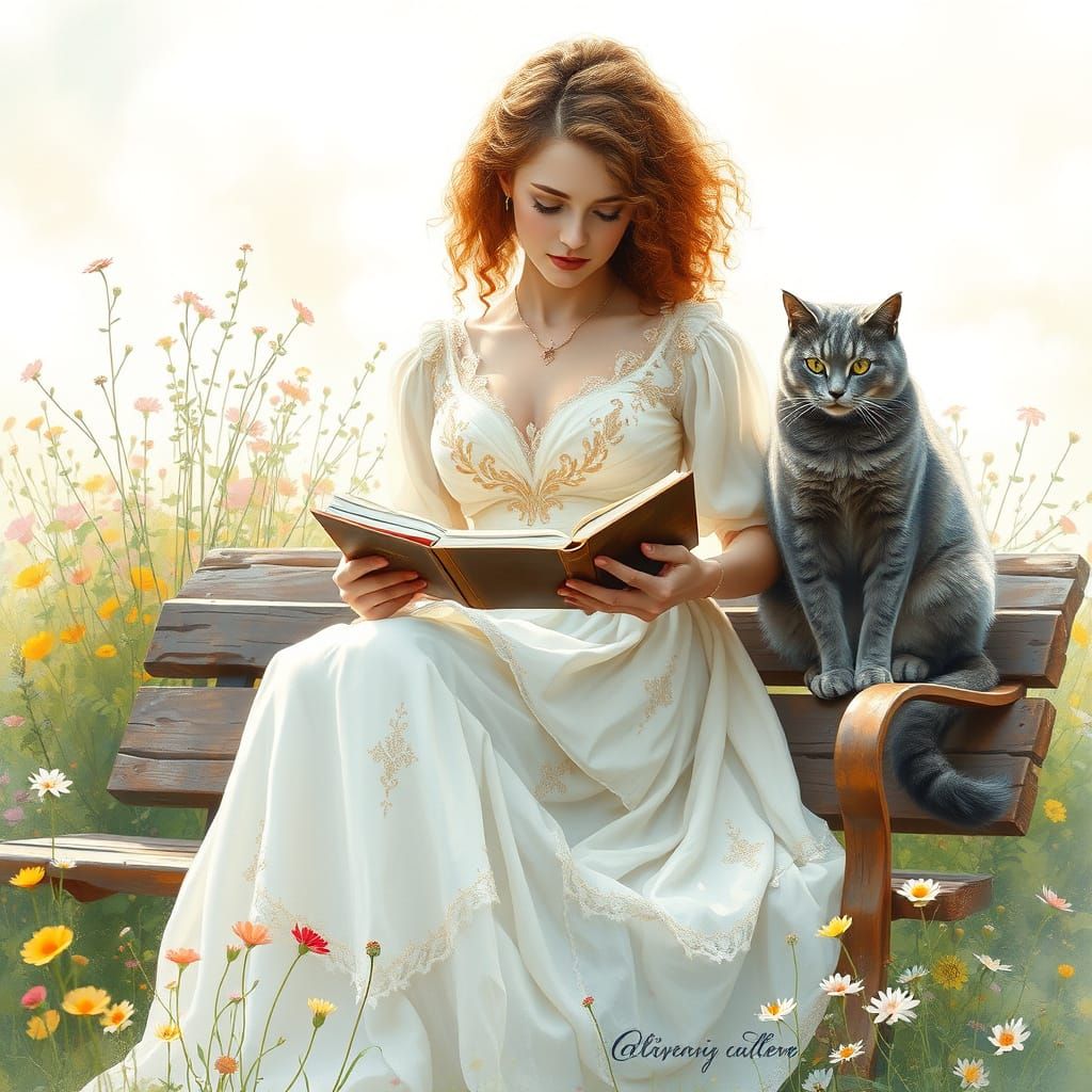 Ethereal French Goddess in Ivory Gown Amidst Wildflowers and...