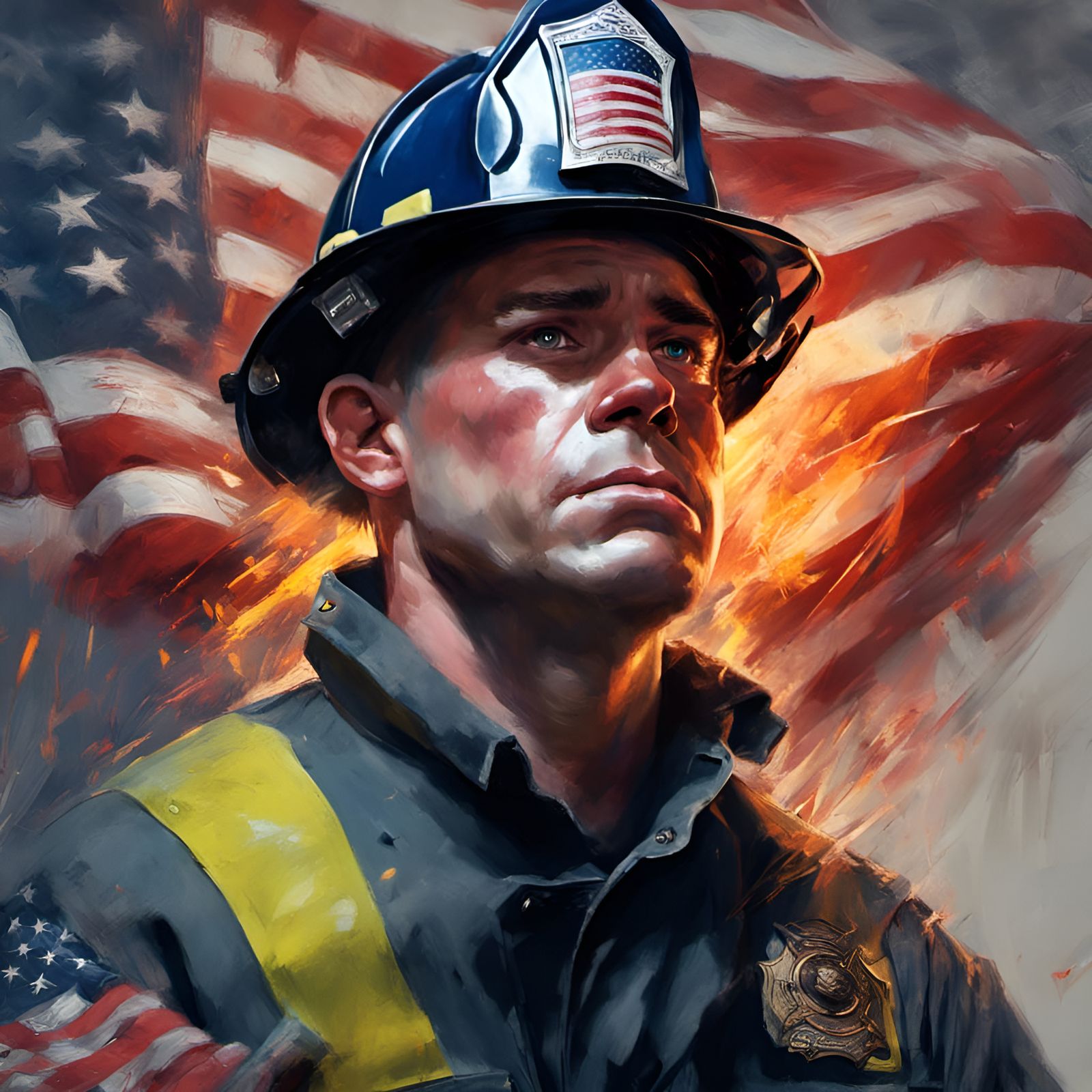 Crying Firefighter Portrait with American Flag