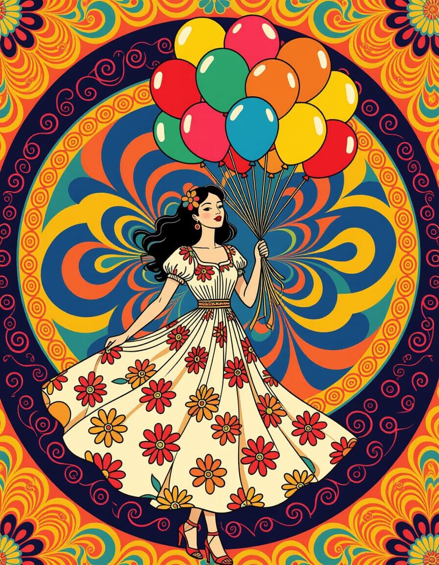 Psychedelic Woman with Balloons in Retro Pop Art Style