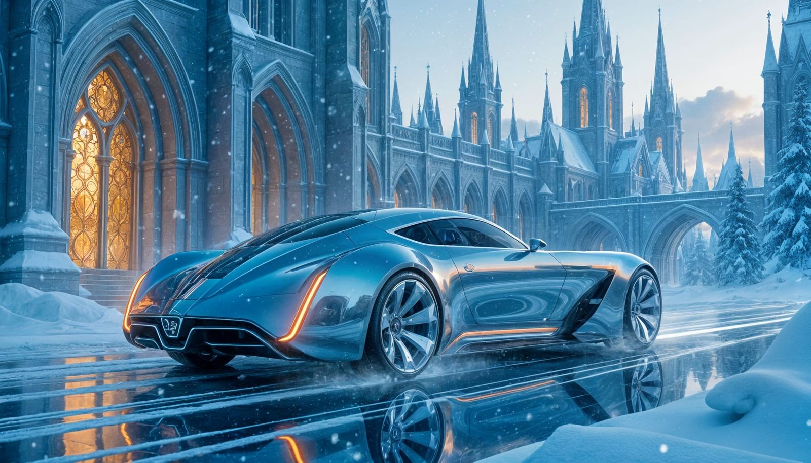 Futuristic Car Exiting Neo-Gothic Palace