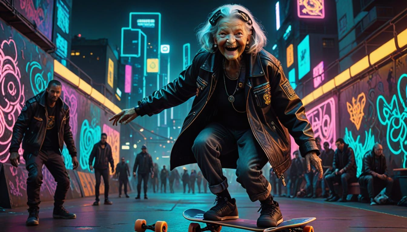 Cyberpunk Grandma Shreds in Neon Skatepark