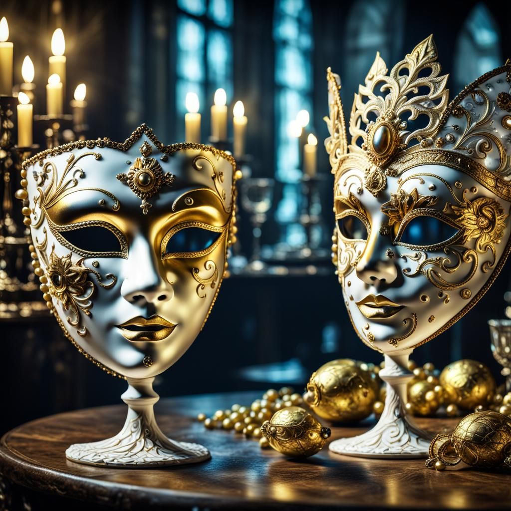 Ornate Venetian Masks and Wine in Carnival Celebration
