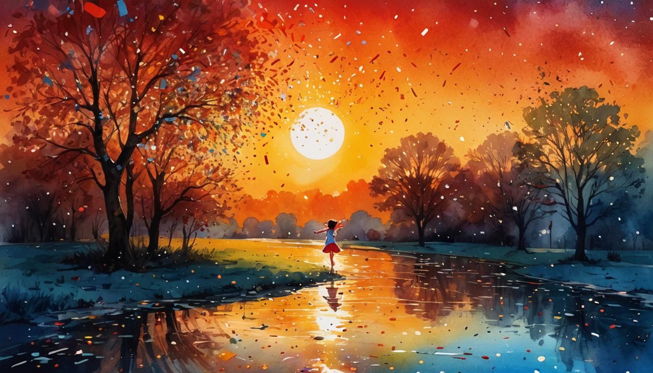 Girl in Star-Spangled Clothes Laughing, Whimsical Watercolor