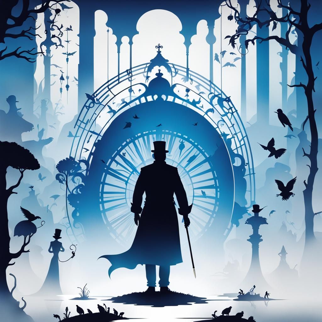 Mystical Shadow Play Opera Scene in Dark Blues