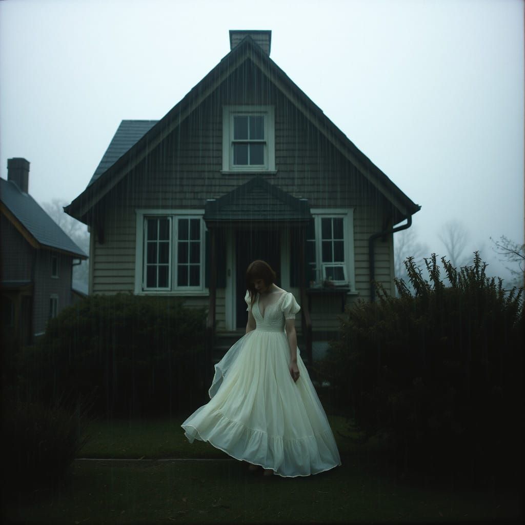 A Young Girl Takes Shelter from a Rainstorm in an Abandoned...