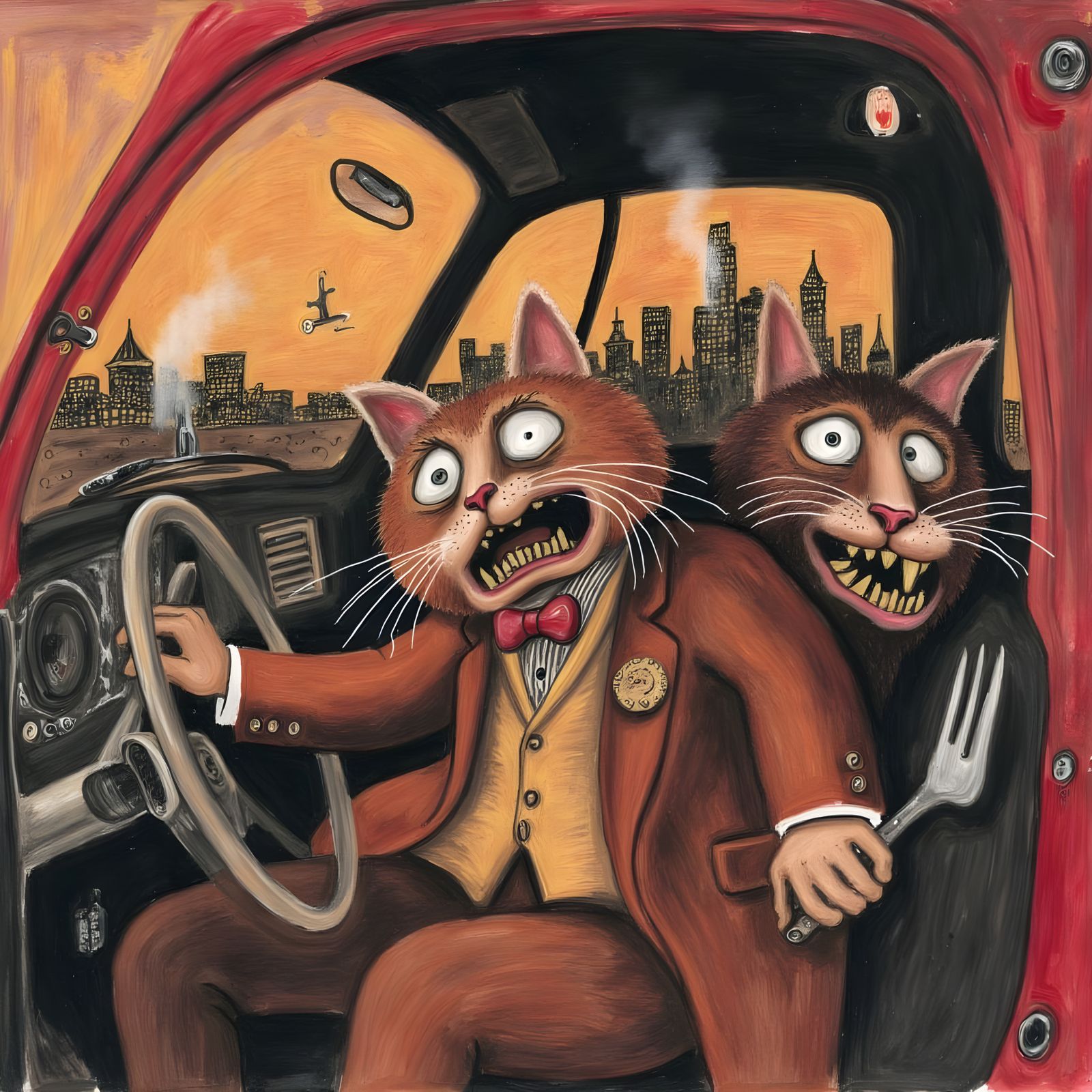 Scared Cat in Truck, Surreal Cartoon Painting