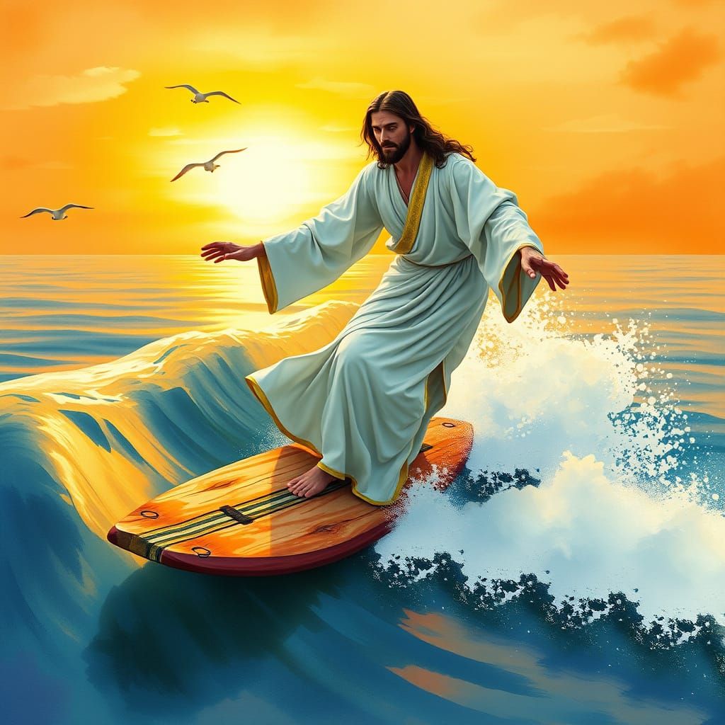 Jesus Rides a Tranquil Wave in Dreamlike Watercolor Style