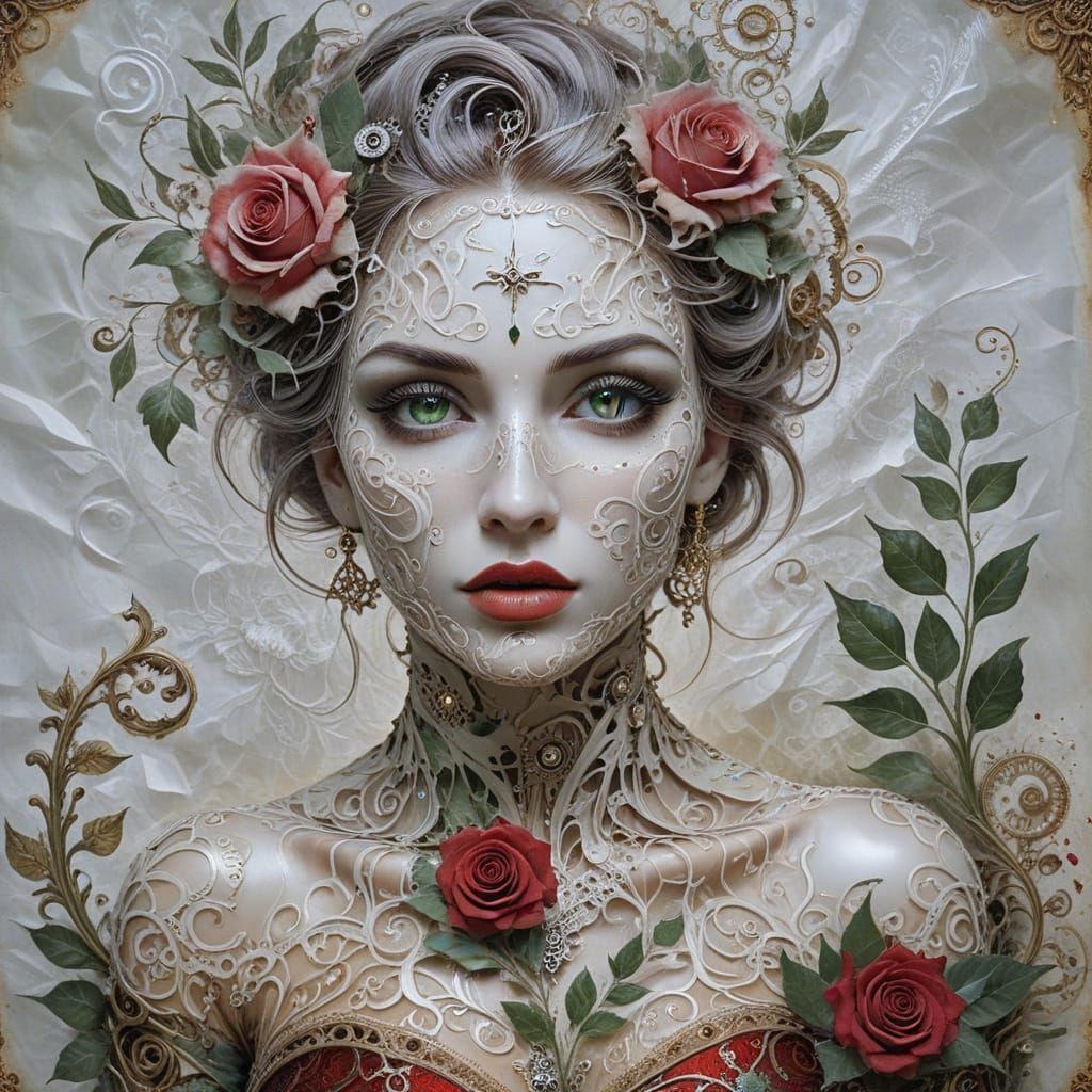 Enigmatic Woman Unveiled from Gears and Roses