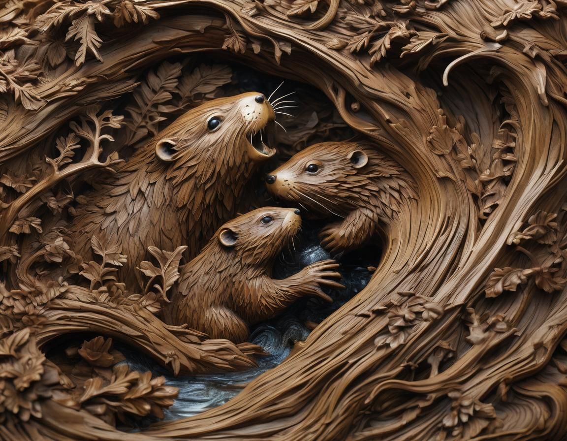Detailed Wooden Carving of a Beaver Building a Dam