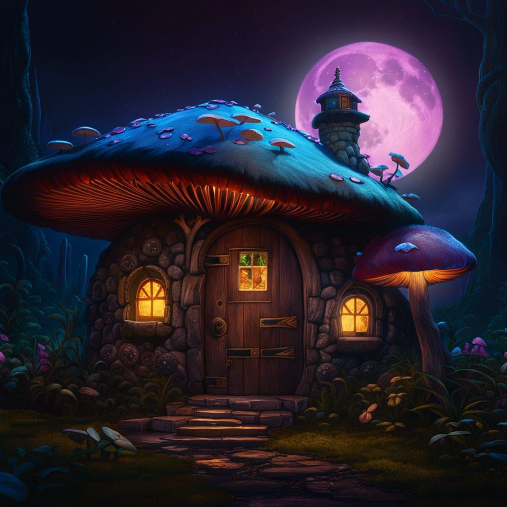 Moonlit Mushroom House with Stained Glass Windows